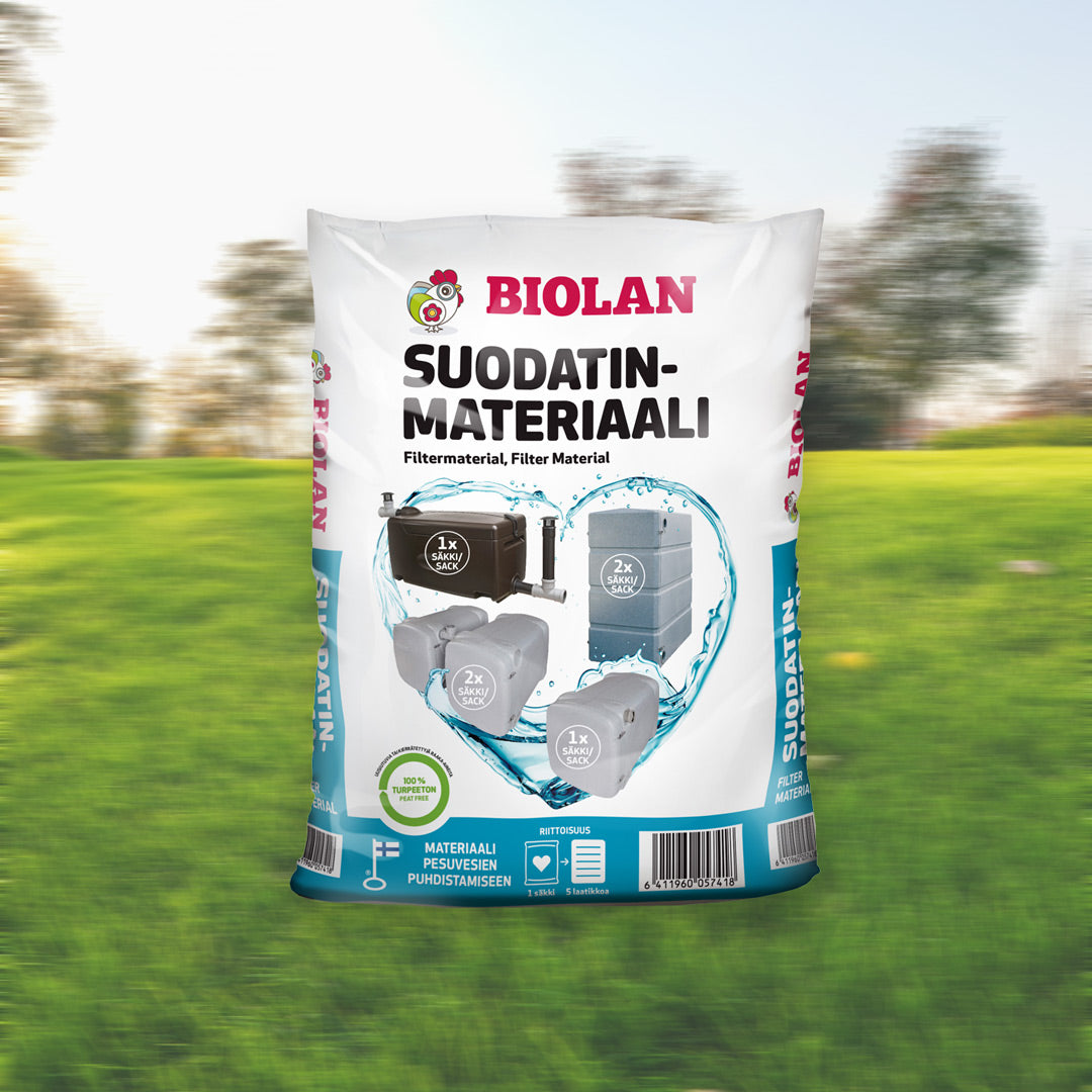 Bag of Biolan filter material with a grassy background.
