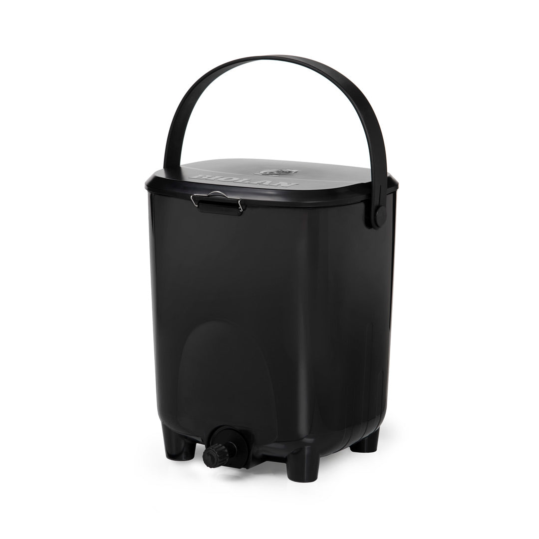Black Bokashi bin with a handle on a white background