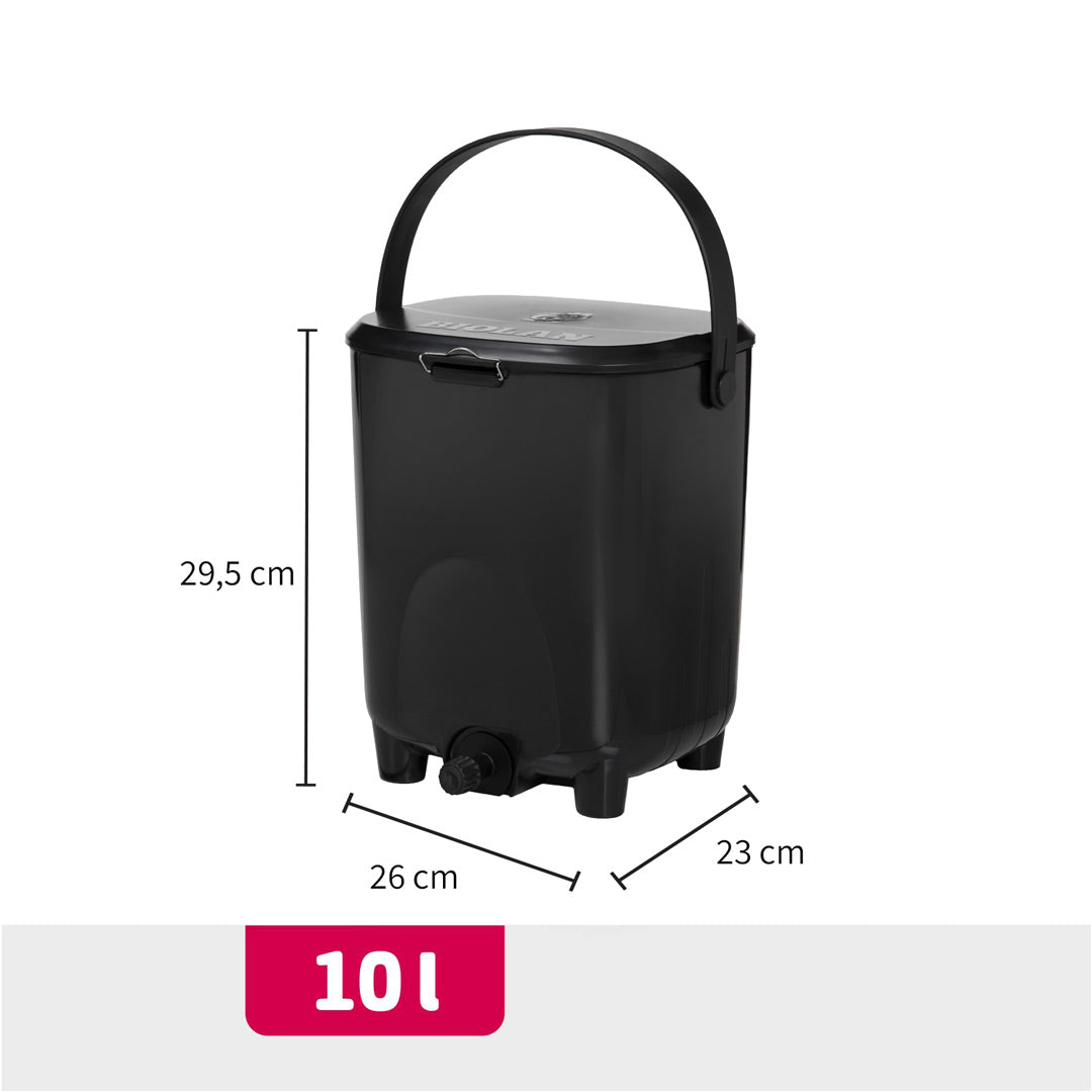 Black Bokashi bin with dimensions on a white background