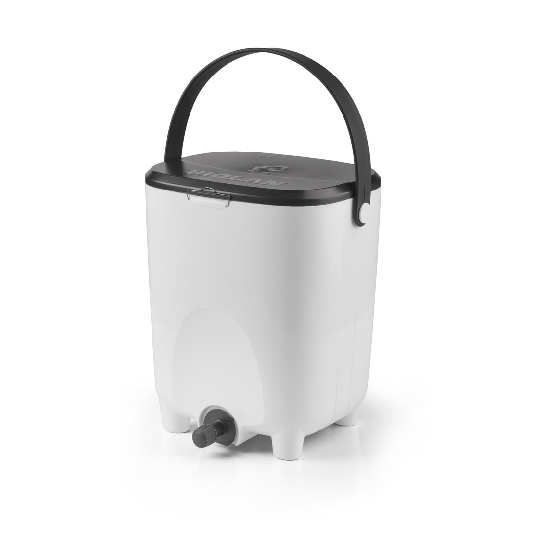 White Bokashi bin with black lid and spout on a white background