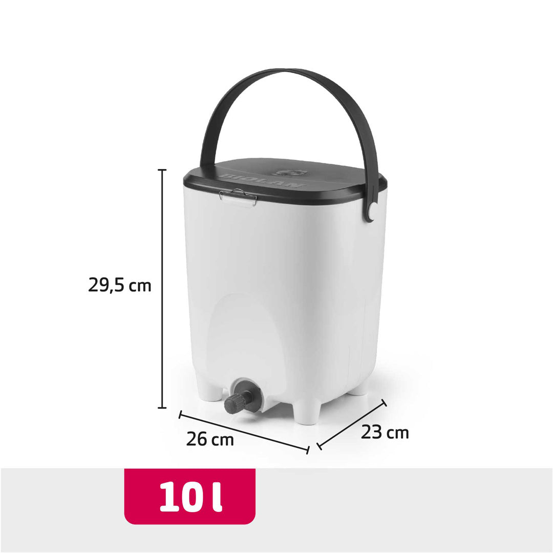 White Bokashi bin with black handle and measurements on a white background