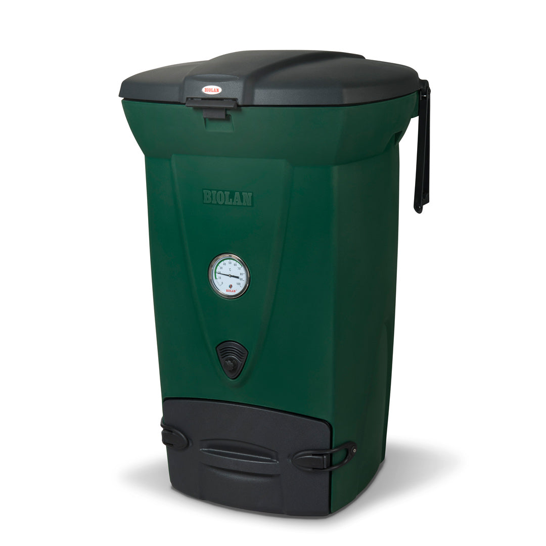 Green and black compost bin with a visible brand logo on a white background