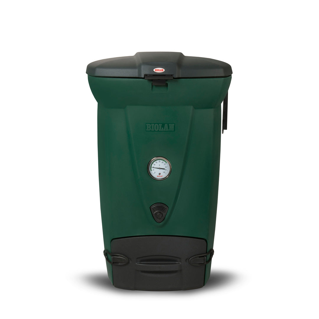 Green and black compost bin with a visible brand logo on a white background