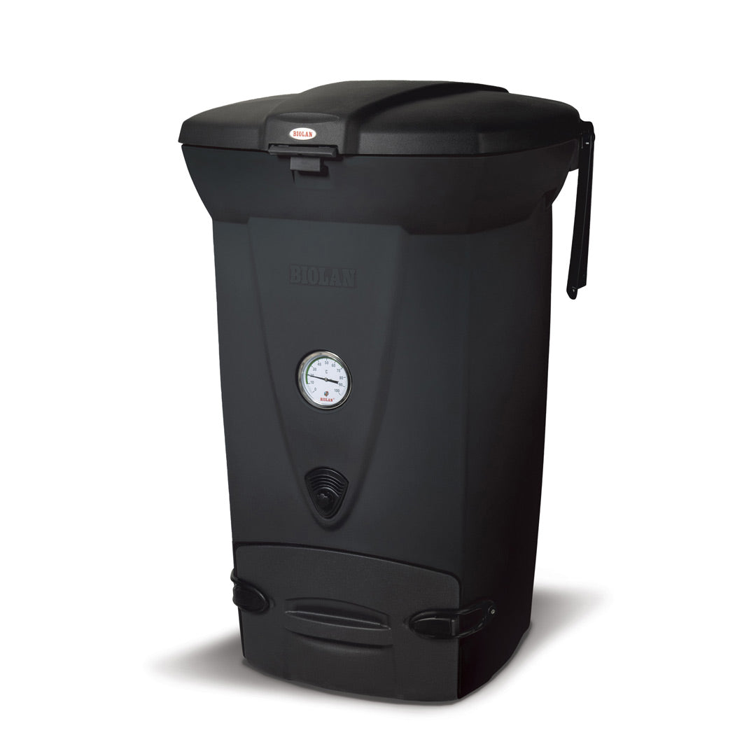 Black compost bin with visible brand logo on a white background