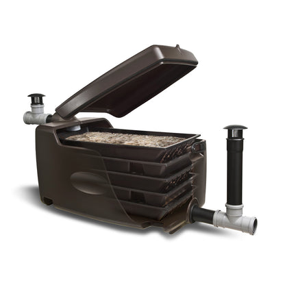 Brown plastic container with open lid on a white background