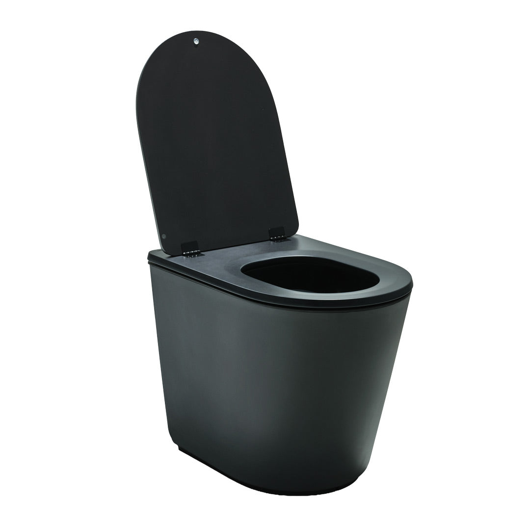 Black toilet with open lid on a white background
