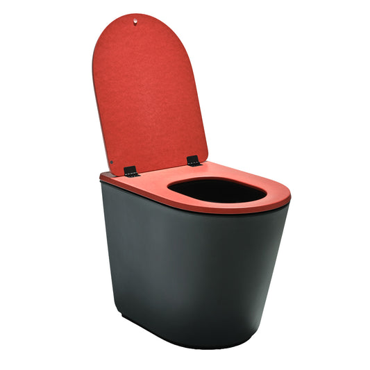 Black toilet with a red seat and lid on a white background