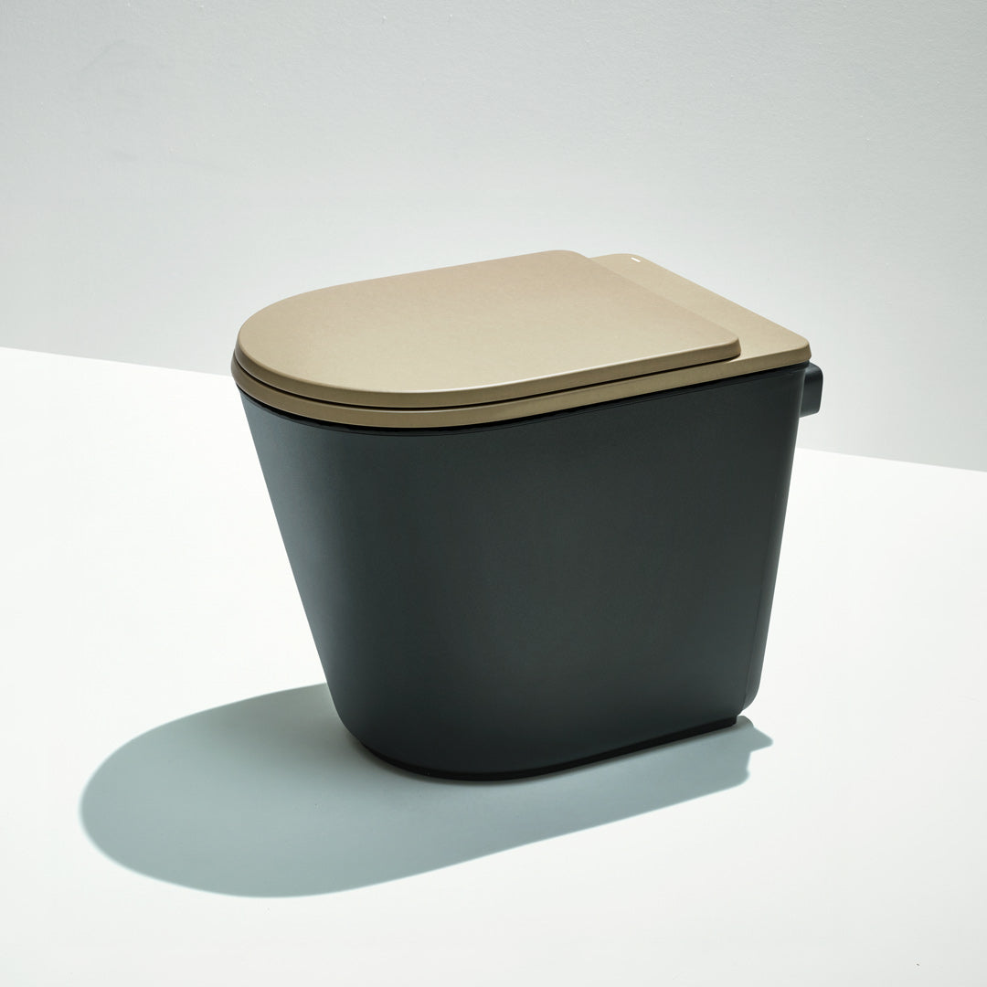 Black toilet with a taupe lid on a white background