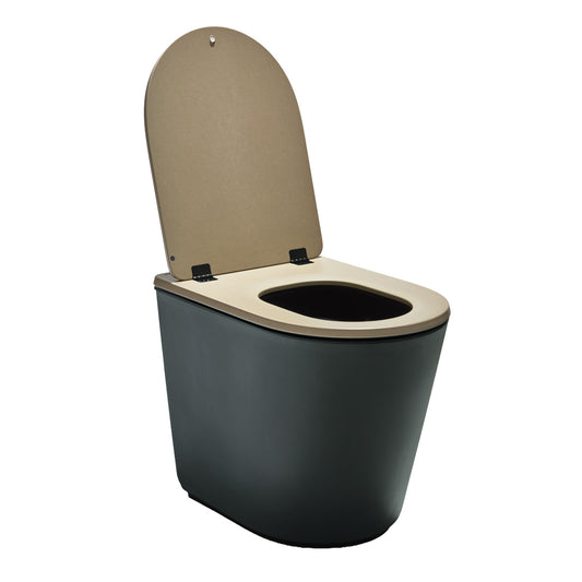 Black toilet with a taupe seat and lid on a white background