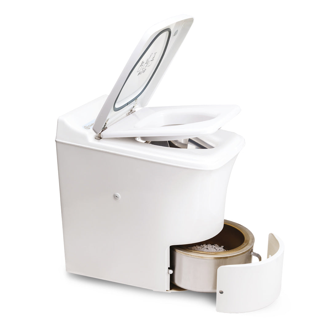 White toilet with a lid on a white background