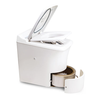 White toilet with a lid on a white background